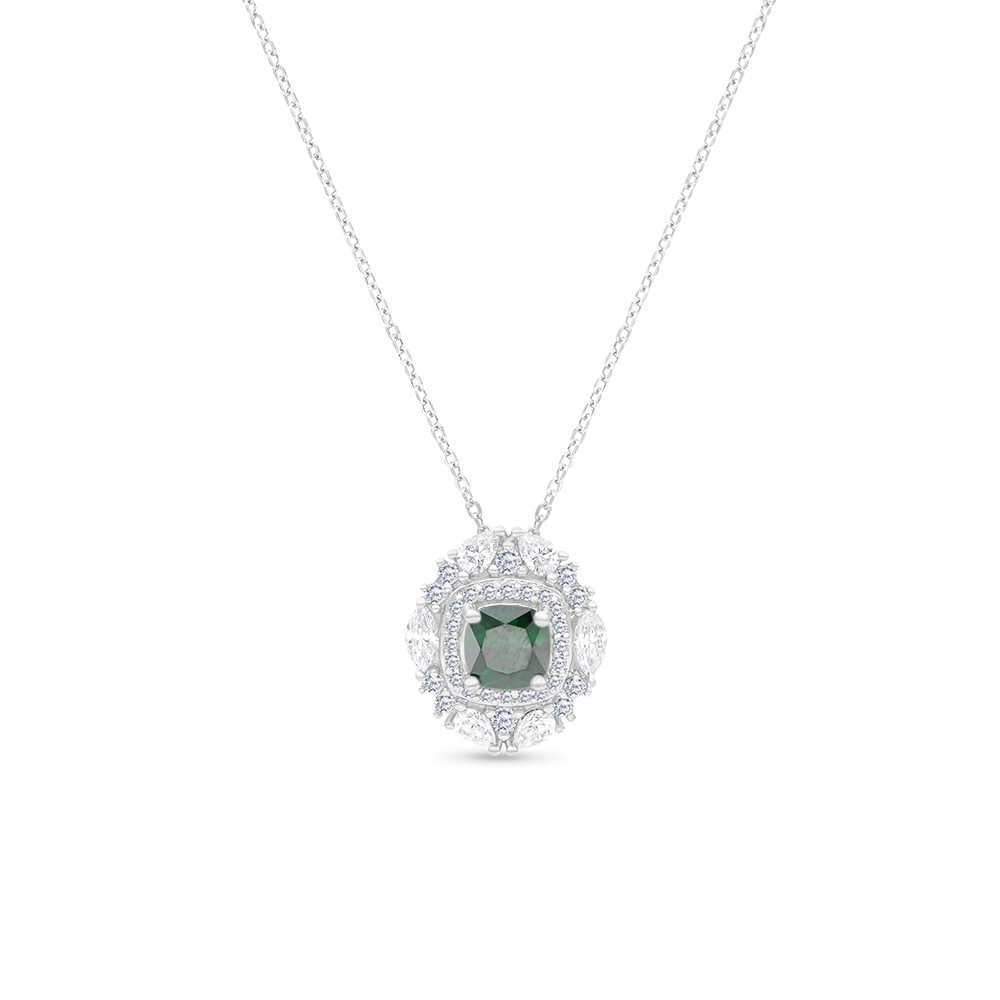 Sterling Silver 925 Necklace Rhodium Plated Embedded With Emerald Zircon And White CZ