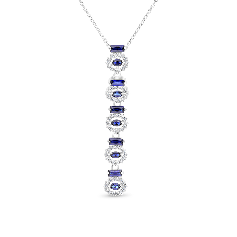 Sterling Silver 925 Necklace Rhodium Plated Embedded With Sapphire Corundum And White CZ