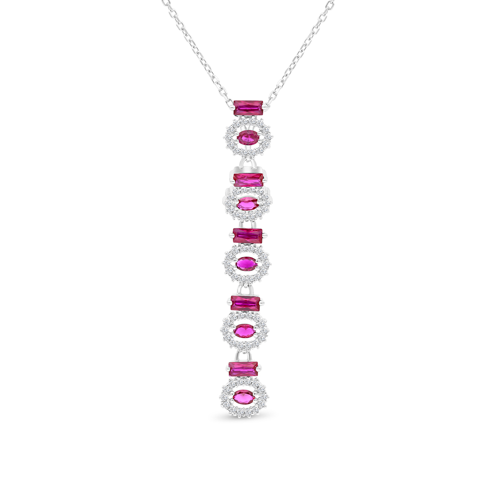 Sterling Silver 925 Necklace Rhodium Plated Embedded With Ruby Corundum And White CZ