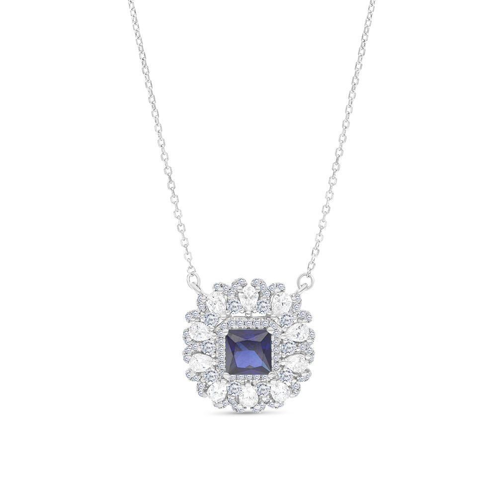 Sterling Silver 925 Necklace Rhodium Plated Embedded With Sapphire Corundum And White CZ