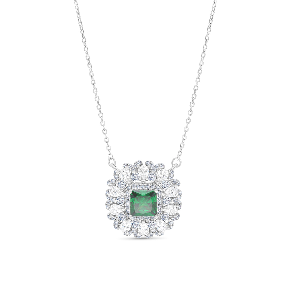 Sterling Silver 925 Necklace Rhodium Plated Embedded With Emerald Zircon And White CZ