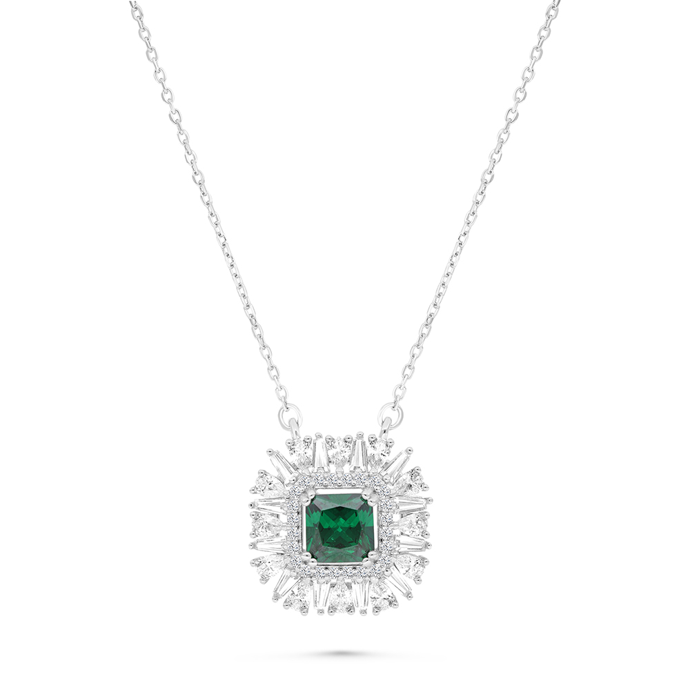 Sterling Silver 925 Necklace Rhodium Plated Embedded With Emerald Zircon And White CZ