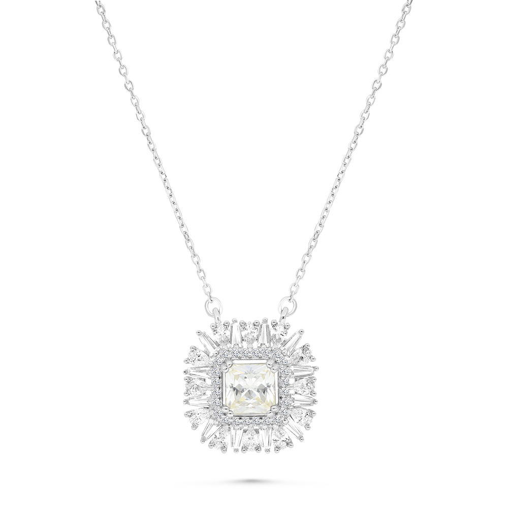 Sterling Silver 925 Necklace Rhodium Plated Embedded With Yellow Zircon And White CZ