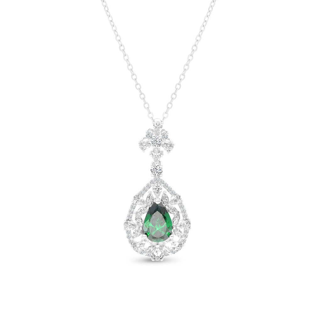 Sterling Silver 925 Necklace Rhodium Plated Embedded With Emerald Zircon And White CZ