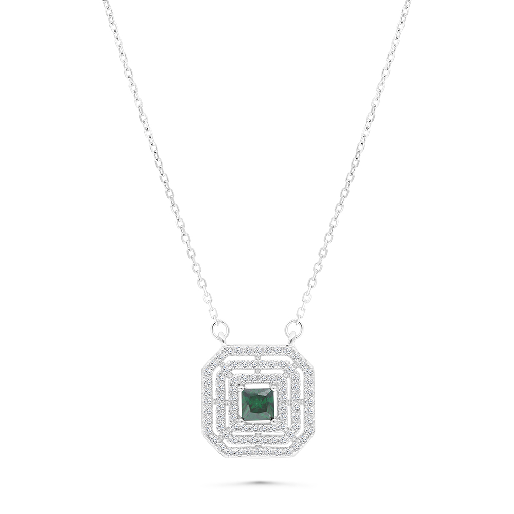 Sterling Silver 925 Necklace Rhodium Plated Embedded With Emerald Zircon And White CZ