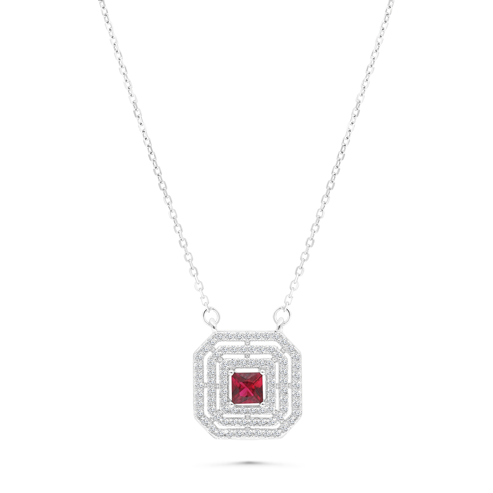 Sterling Silver 925 Necklace Rhodium Plated Embedded With Ruby Corundum And White CZ