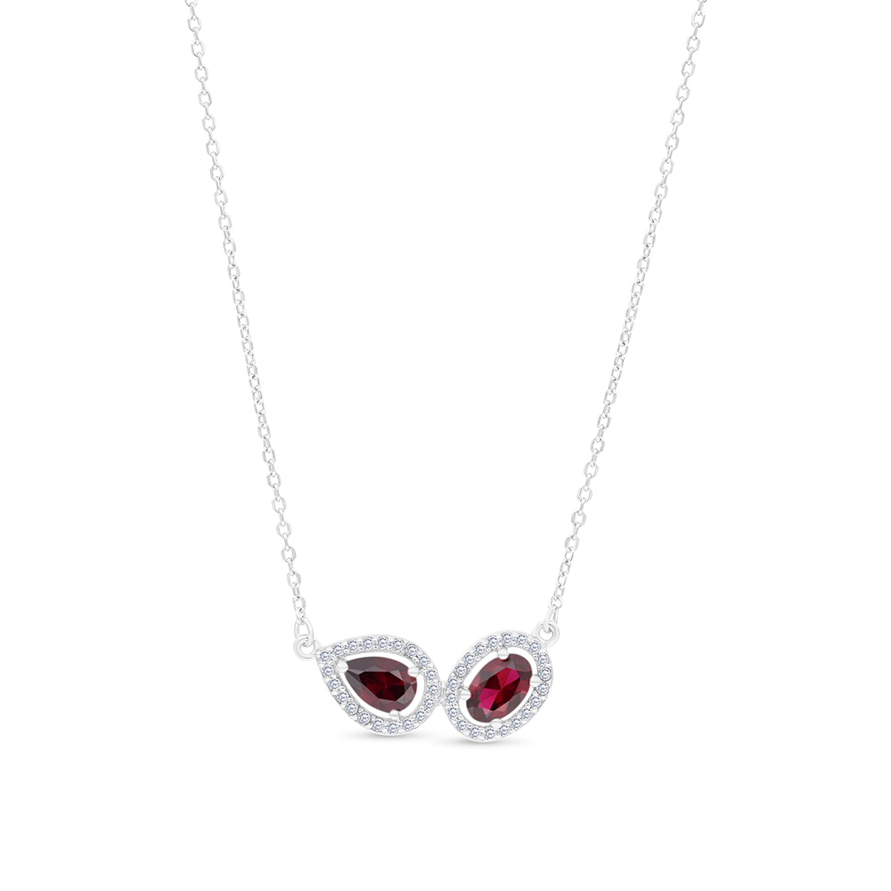 Sterling Silver 925 Necklace Rhodium Plated Embedded With Ruby Corundum And White CZ