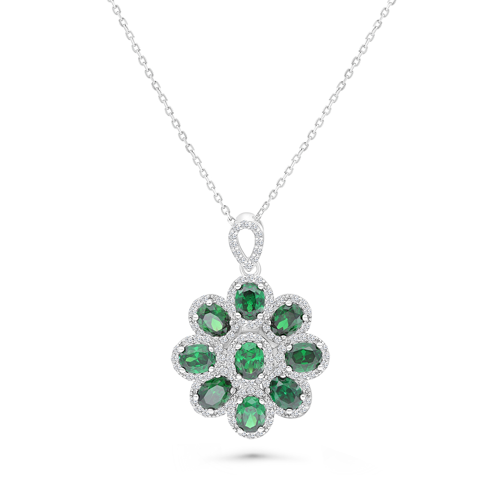 Sterling Silver 925 Necklace Rhodium Plated Embedded With Emerald Zircon And White CZ