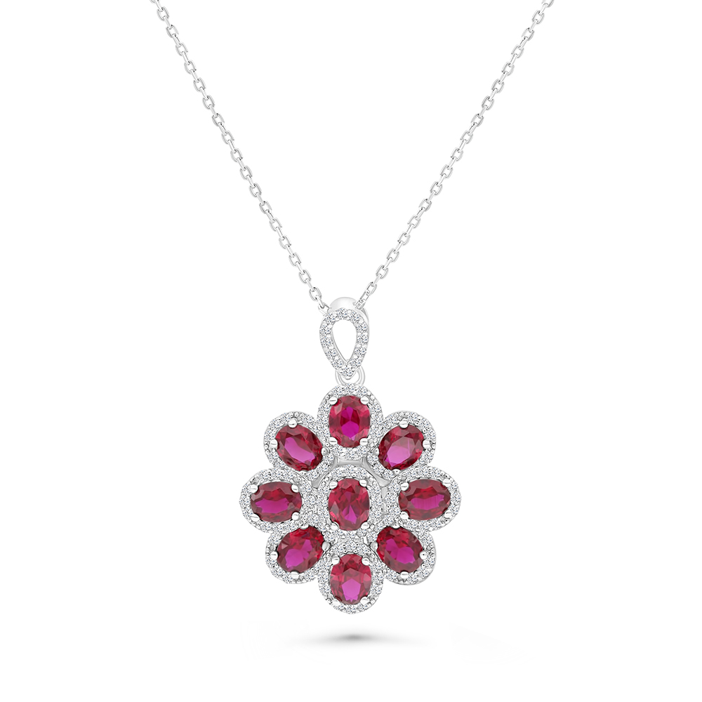 Sterling Silver 925 Necklace Rhodium Plated Embedded With Ruby Corundum And White CZ