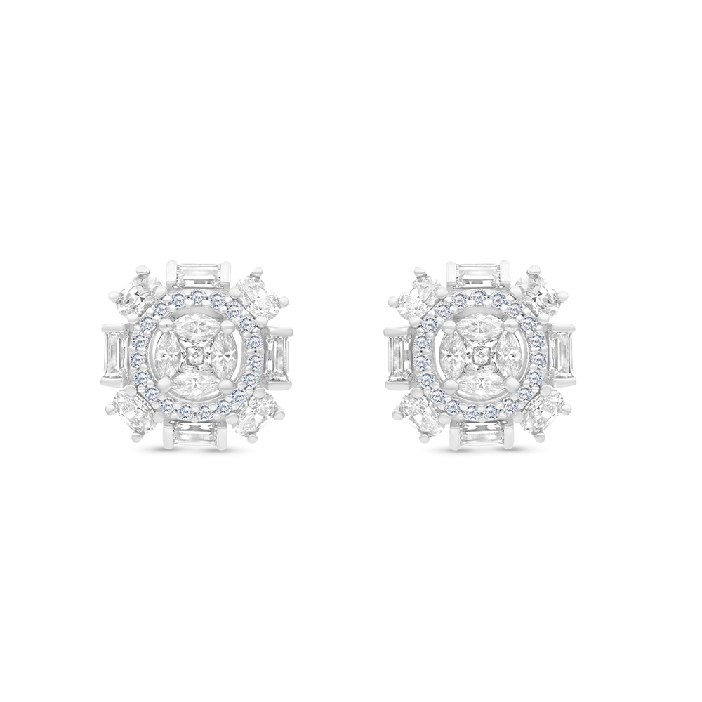 Sterling Silver 925 Earring Rhodium Plated Embedded With White CZ