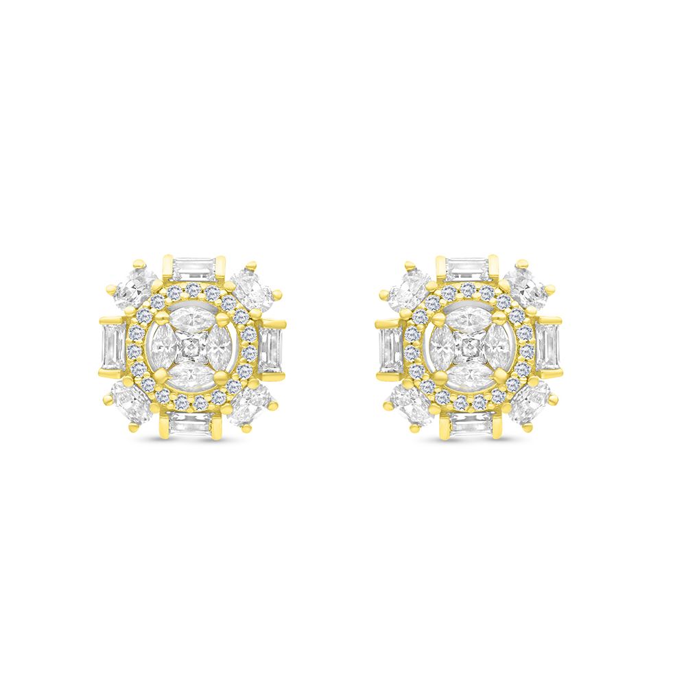 Sterling Silver 925 Earring Rhodium And Gold Plated Embedded With White CZ