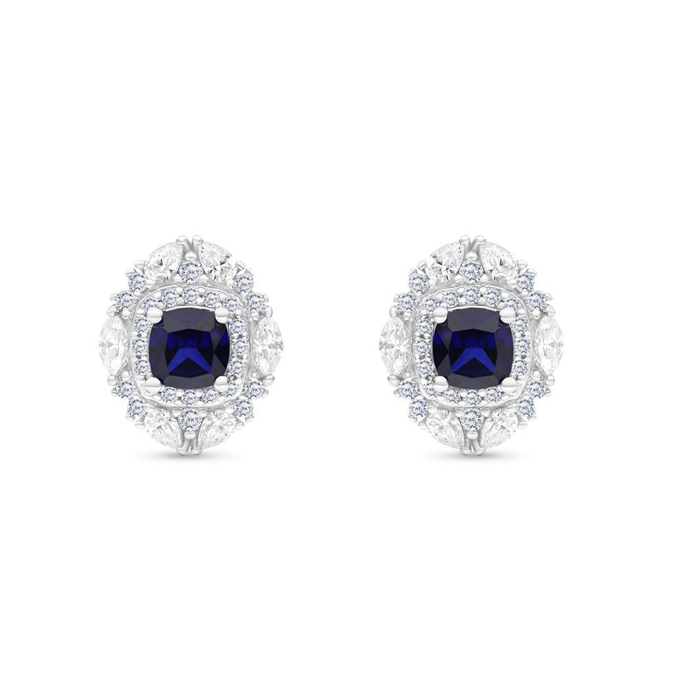 Sterling Silver 925 Earring Rhodium Plated Embedded With Sapphire Corundum And White CZ