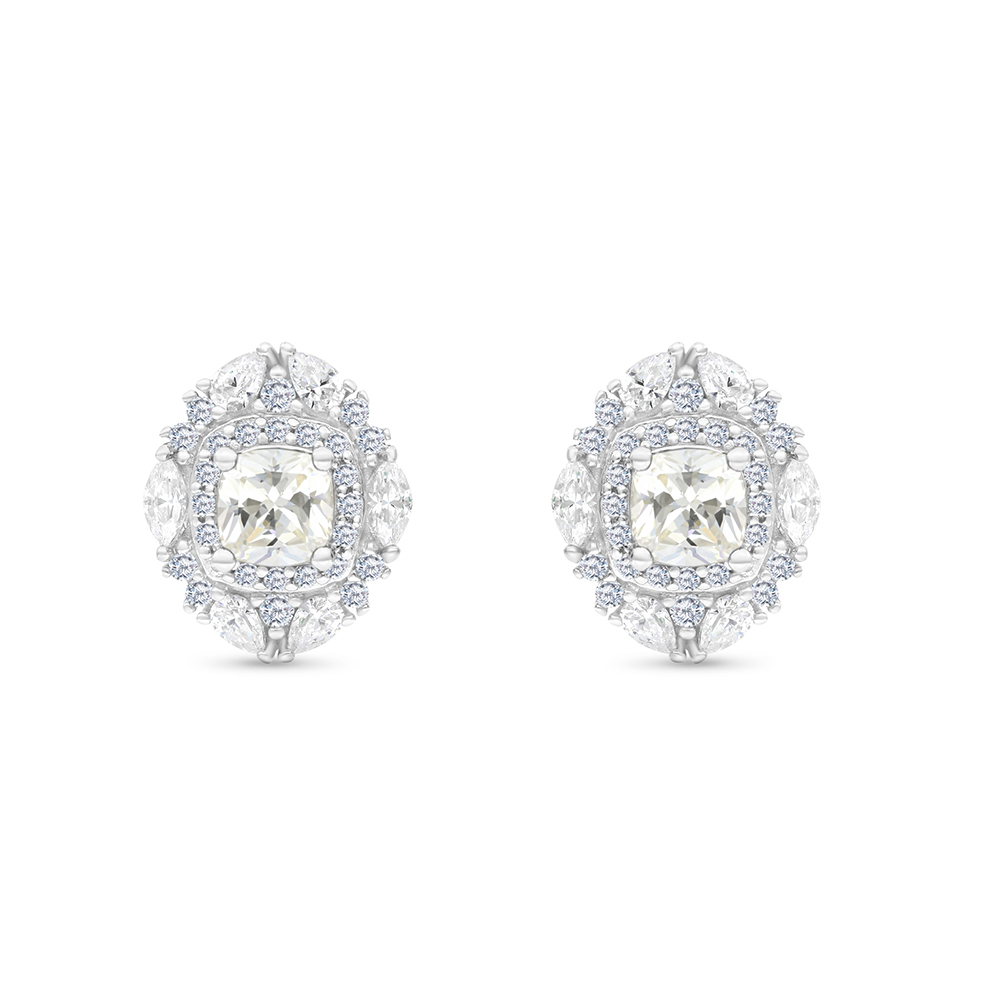 Sterling Silver 925 Earring Rhodium Plated Embedded With Yellow Zircon And White CZ