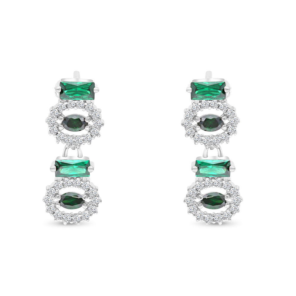 Sterling Silver 925 Earring Rhodium Plated Embedded With Emerald Zircon And White CZ