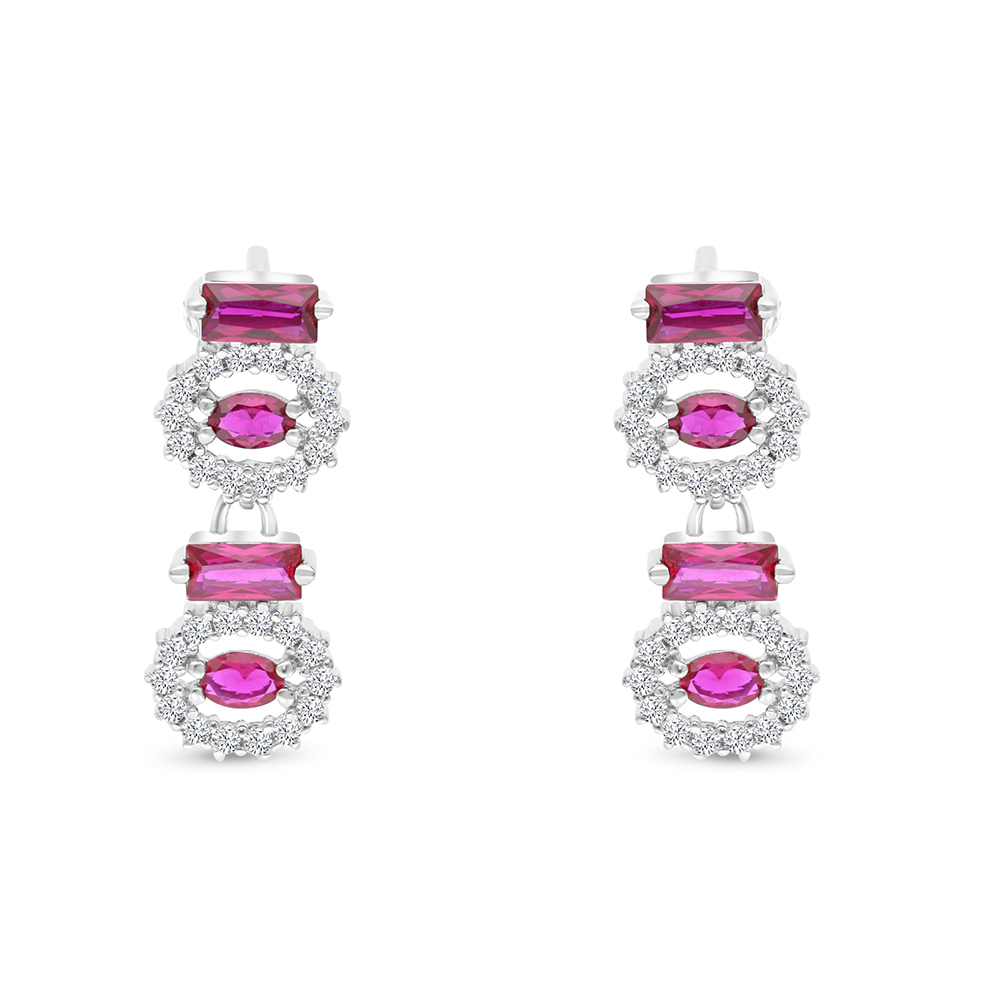 Sterling Silver 925 Earring Rhodium Plated Embedded With Ruby Corundum And White CZ