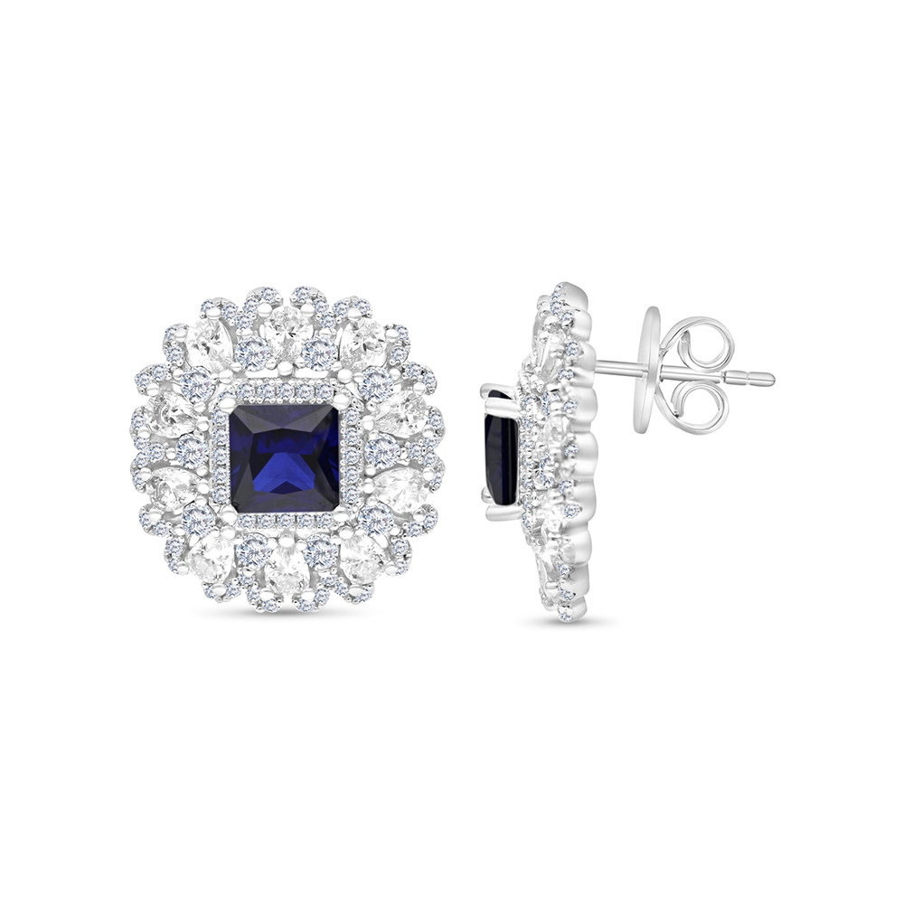 Sterling Silver 925 Earring Rhodium Plated Embedded With Sapphire Corundum And White CZ