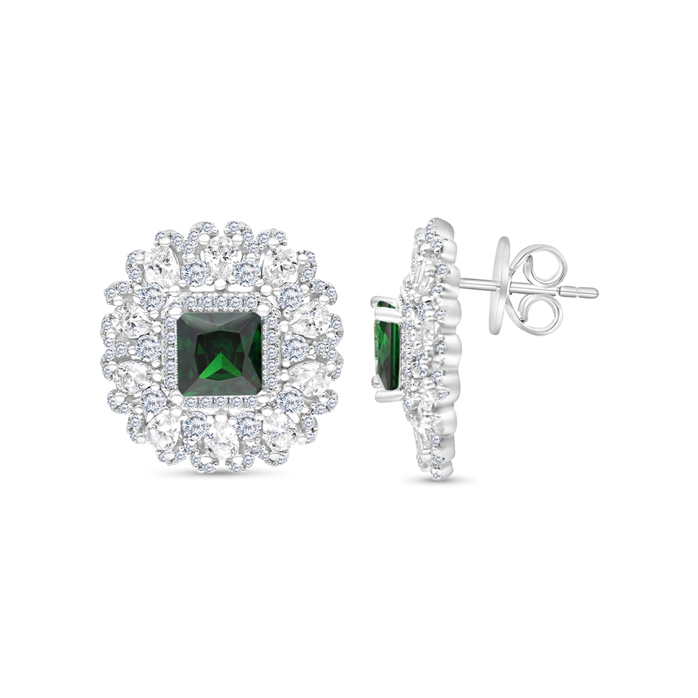 Sterling Silver 925 Earring Rhodium Plated Embedded With Emerald Zircon And White CZ