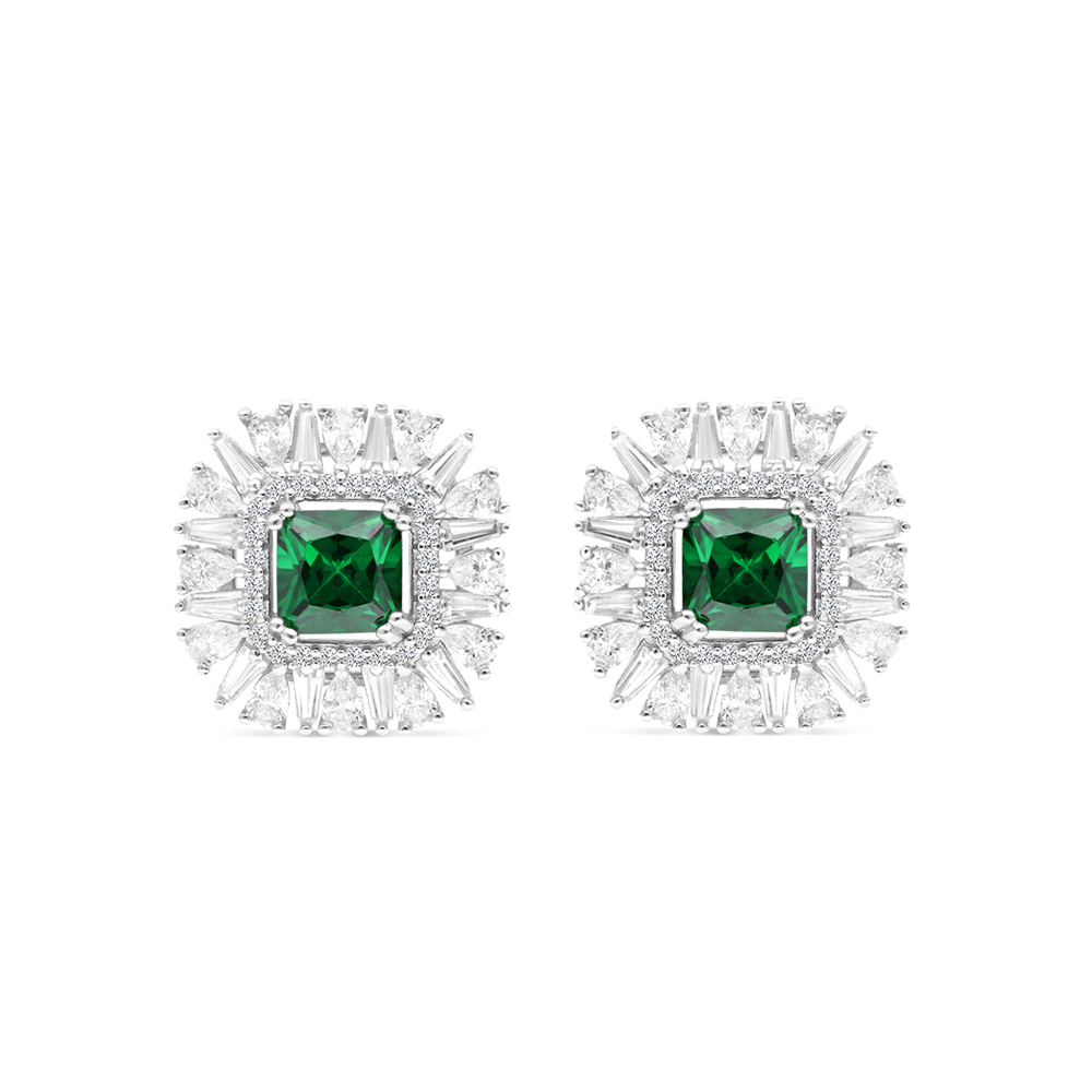 Sterling Silver 925 Earring Rhodium Plated Embedded With Emerald Zircon And White CZ