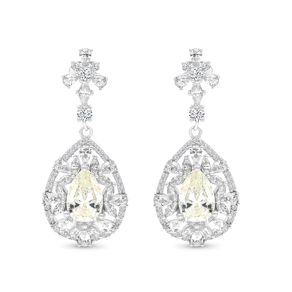 Sterling Silver 925 Earring Rhodium Plated Embedded With Yellow Zircon And White CZ