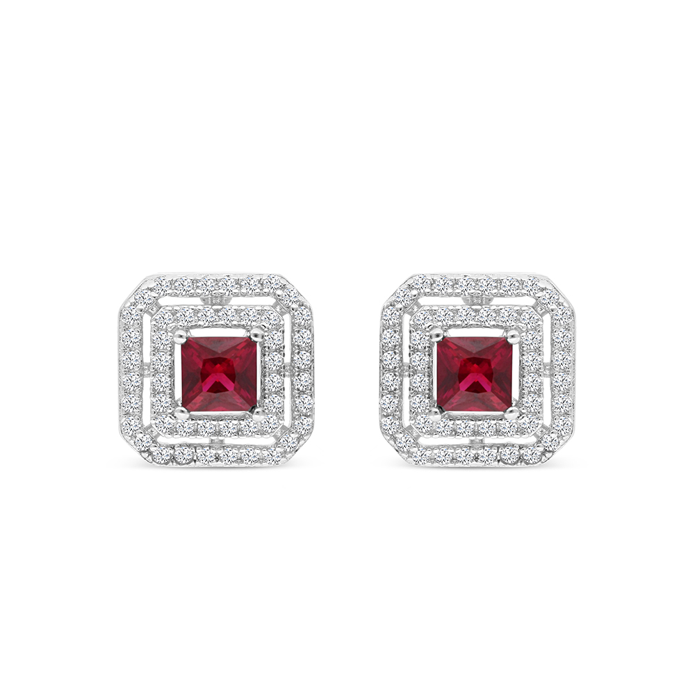 Sterling Silver 925 Earring Rhodium Plated Embedded With Ruby Corundum And White CZ