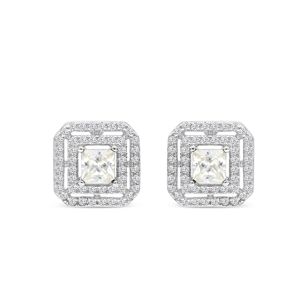 Sterling Silver 925 Earring Rhodium Plated Embedded With Yellow Zircon And White CZ