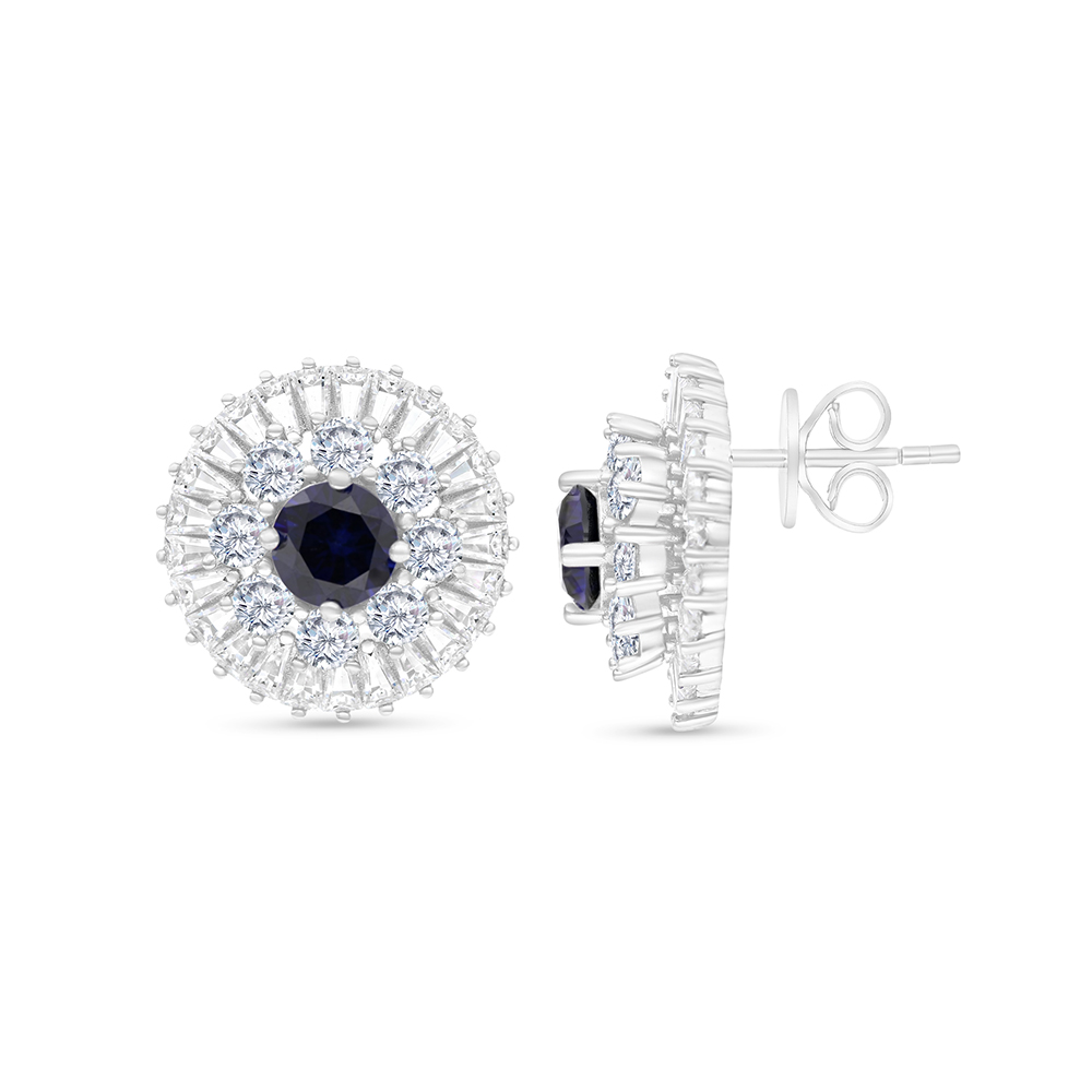 Sterling Silver 925 Earring Rhodium Plated Embedded With Sapphire Corundum And White CZ