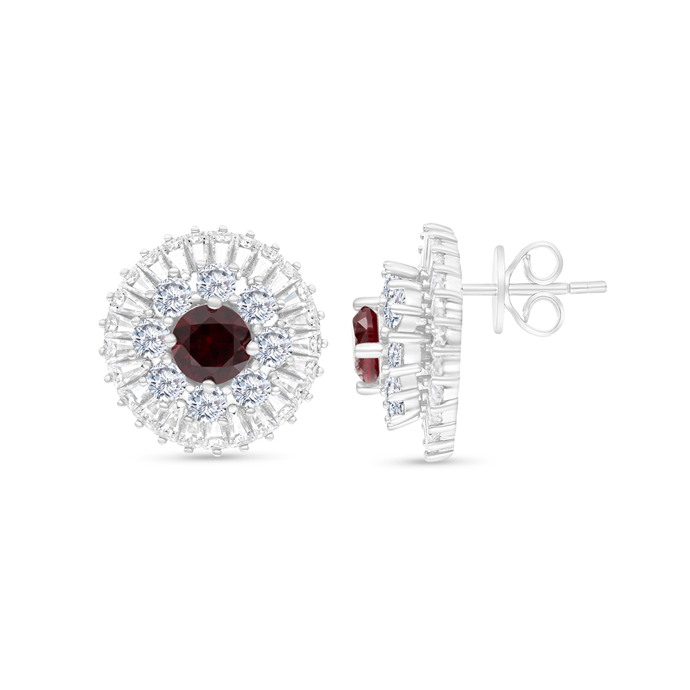 Sterling Silver 925 Earring Rhodium Plated Embedded With Ruby Corundum And White CZ