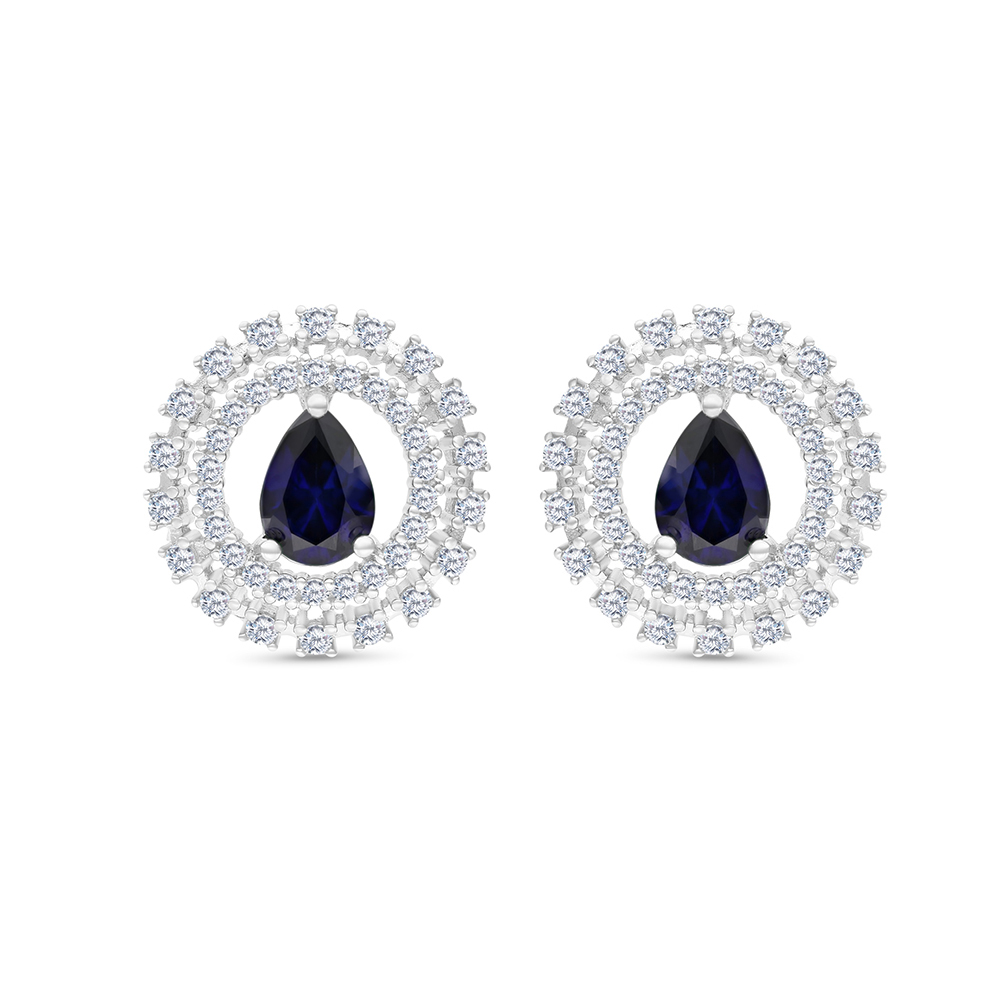 Sterling Silver 925 Earring Rhodium Plated Embedded With Sapphire Corundum And White CZ