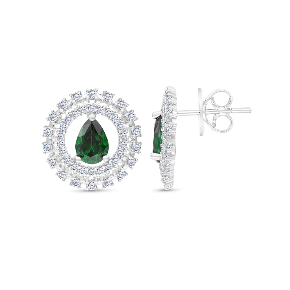 Sterling Silver 925 Earring Rhodium Plated Embedded With Emerald Zircon And White CZ