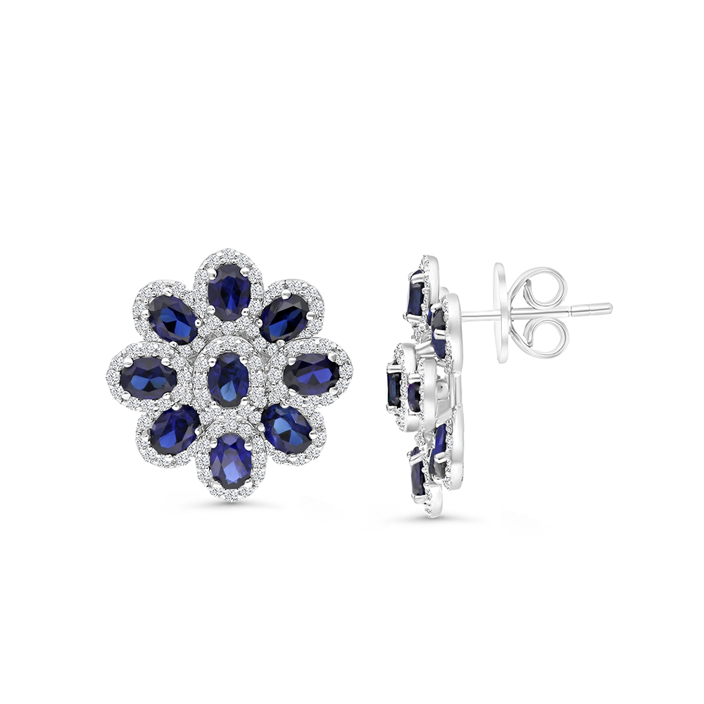 Sterling Silver 925 Earring Rhodium Plated Embedded With Sapphire Corundum And White CZ