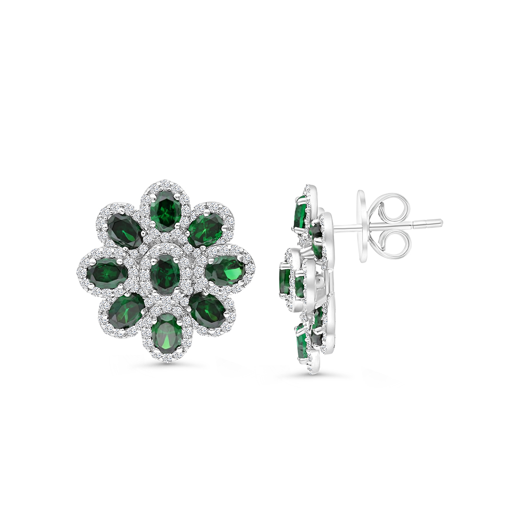 Sterling Silver 925 Earring Rhodium Plated Embedded With Emerald Zircon And White CZ