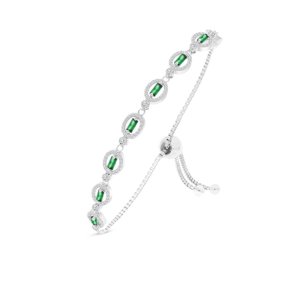 Sterling Silver 925 Bracelet Rhodium Plated Embedded With Emerald Zircon And White CZ