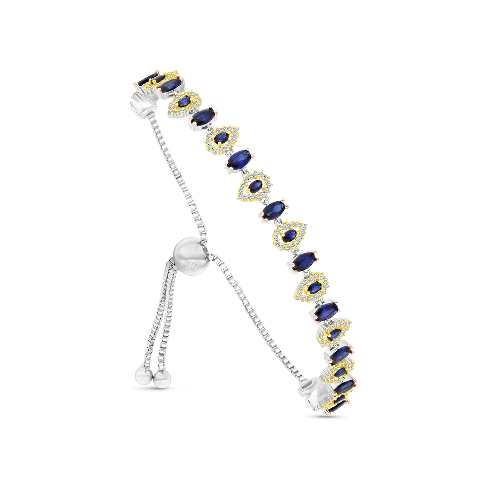 Sterling Silver 925 Bracelet Rhodium And Gold And Rose Gold Plated Embedded With Sapphire Corundum And White CZ