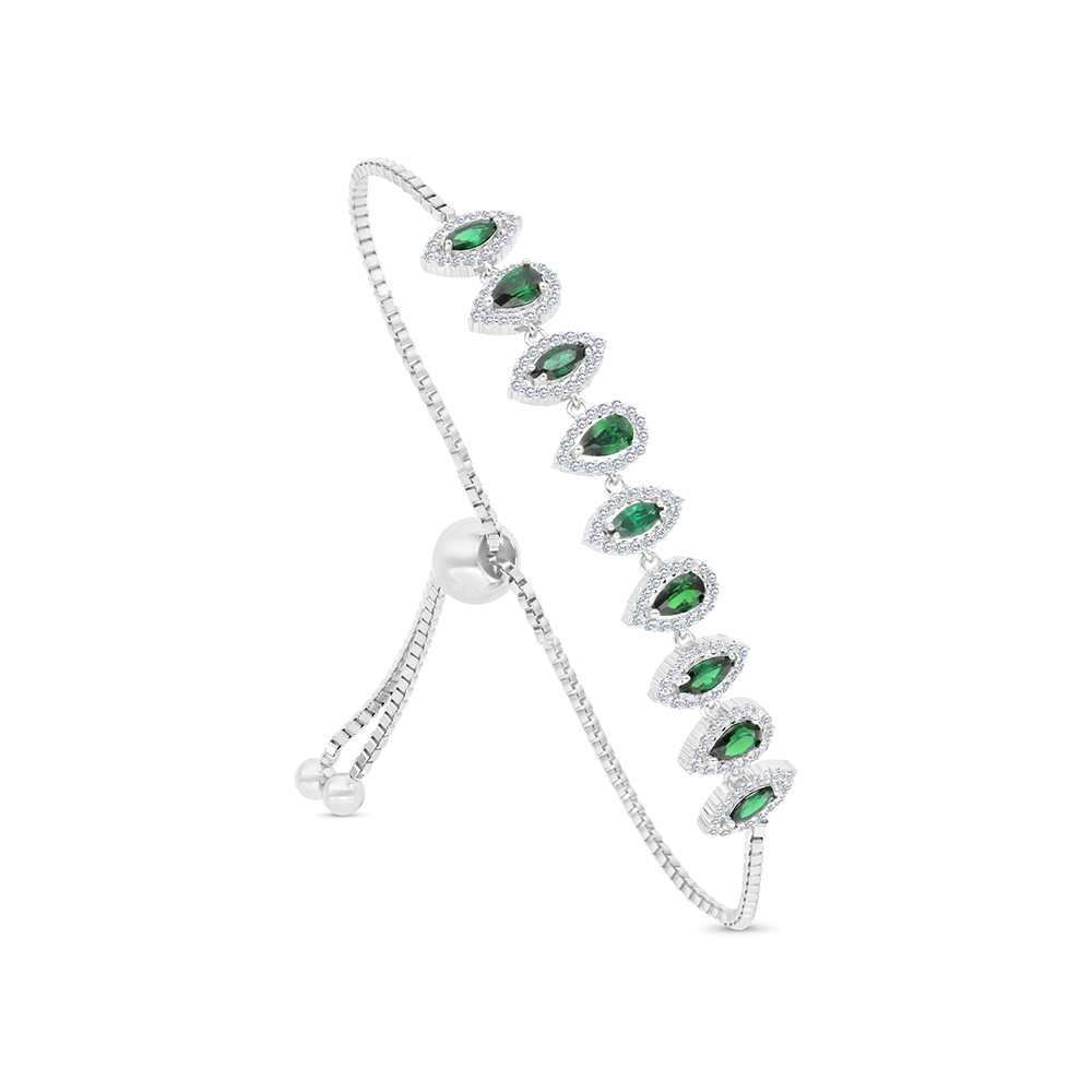 Sterling Silver 925 Bracelet Rhodium Plated Embedded With Emerald Zircon And White CZ