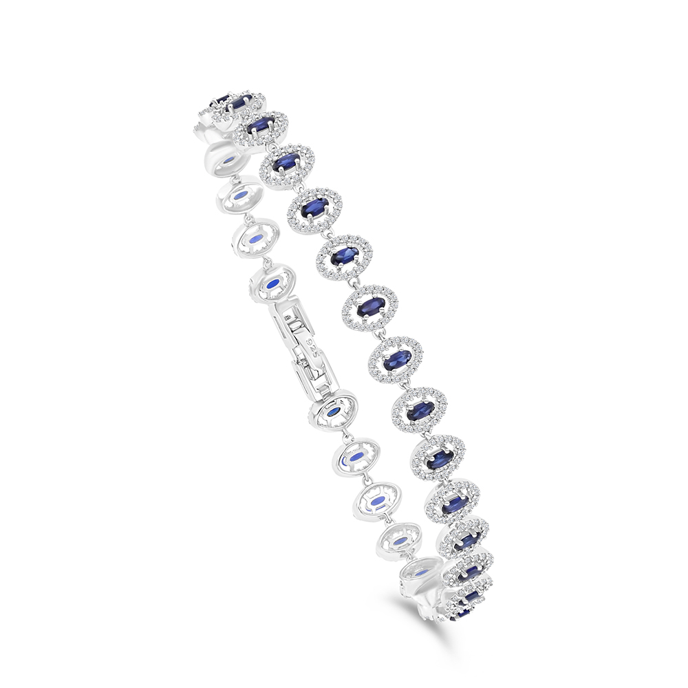 Sterling Silver 925 Bracelet Rhodium Plated Embedded With Sapphire Corundum And White CZ