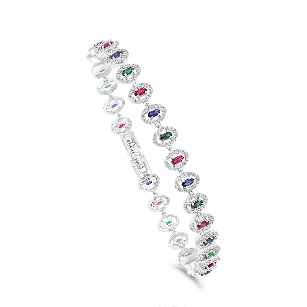 Sterling Silver 925 Bracelet Rhodium Plated Embedded With Sapphire Corundum , Ruby Corundum , Emerald Zircon And White CZ