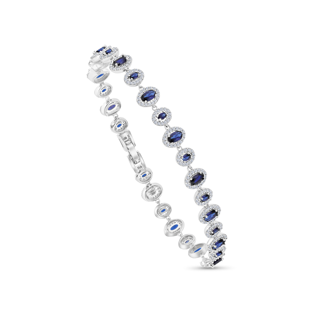 Sterling Silver 925 Bracelet Rhodium Plated Embedded With Sapphire Corundum And White CZ