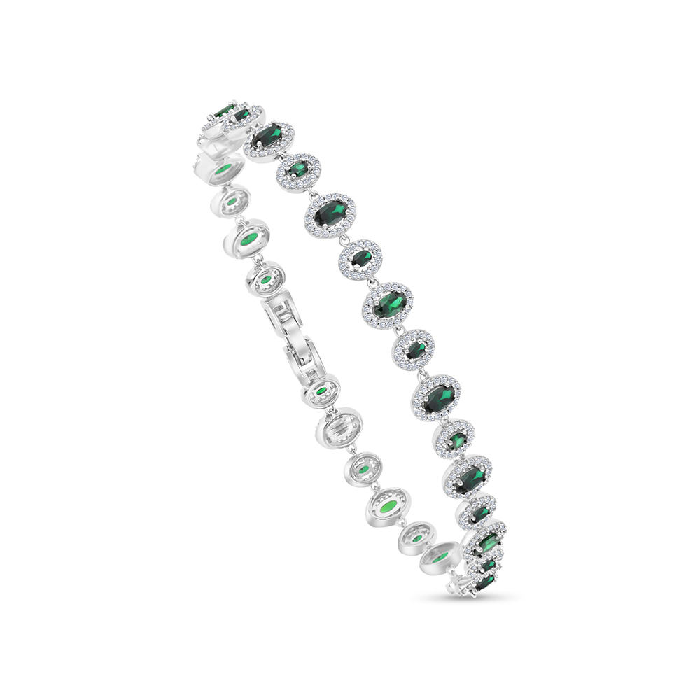 Sterling Silver 925 Bracelet Rhodium Plated Embedded With Emerald Zircon And White CZ