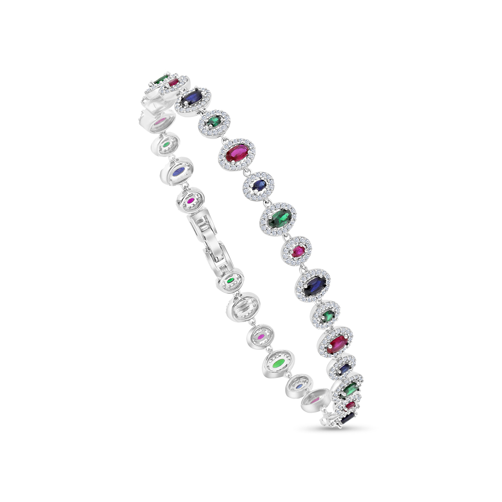 Sterling Silver 925 Bracelet Rhodium Plated Embedded With Sapphire Corundum , Ruby Corundum , Emerald Zircon And White CZ