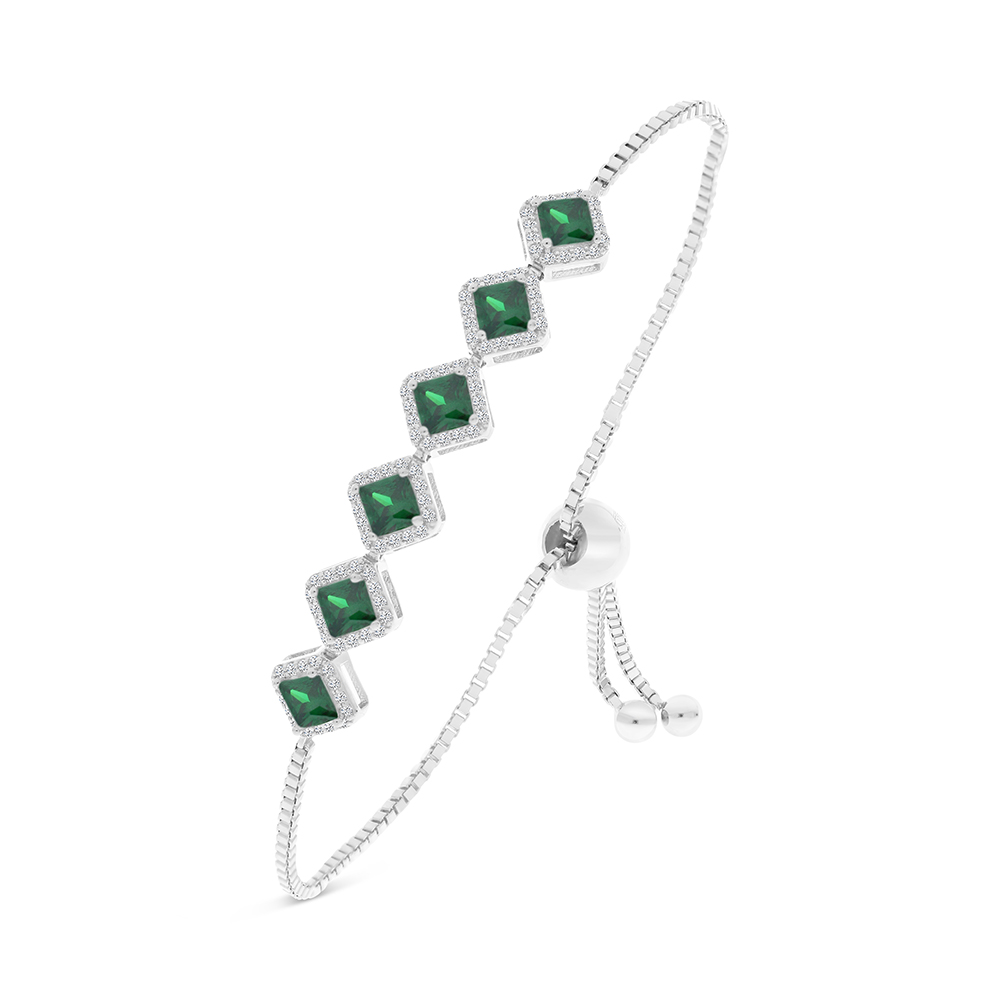 Sterling Silver 925 Bracelet Rhodium Plated Embedded With Emerald Zircon And White CZ