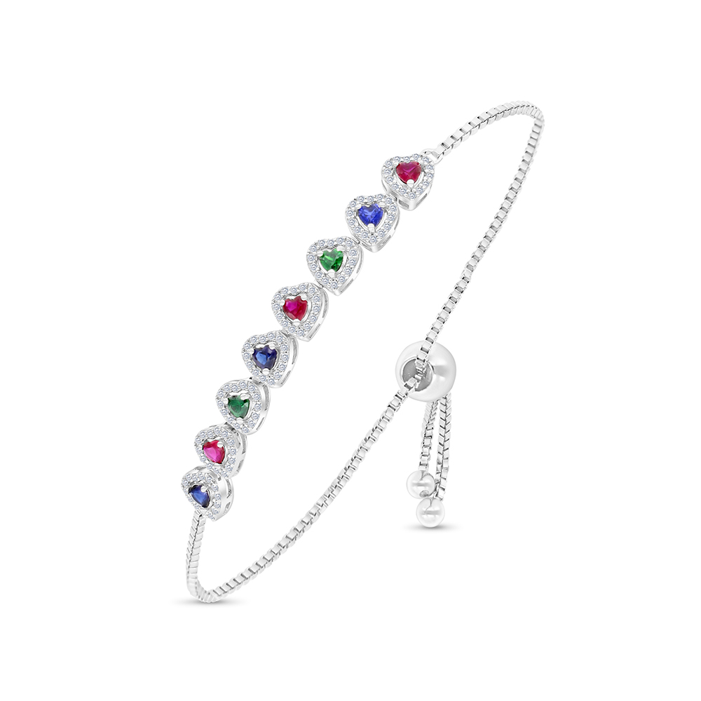 Sterling Silver 925 Bracelet Rhodium Plated Embedded With Sapphire Corundum , Ruby Corundum , Emerald Zircon And White CZ