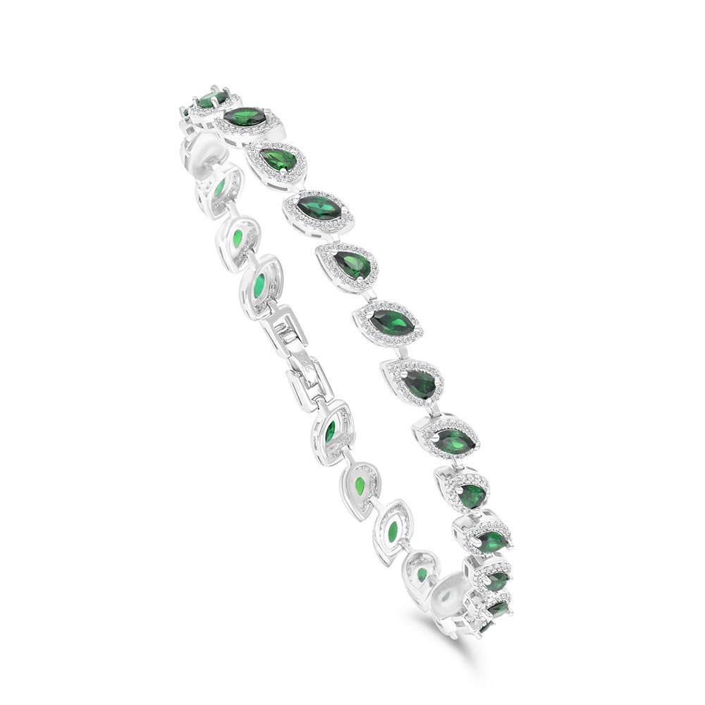 Sterling Silver 925 Bracelet Rhodium Plated Embedded With Emerald Zircon And White CZ