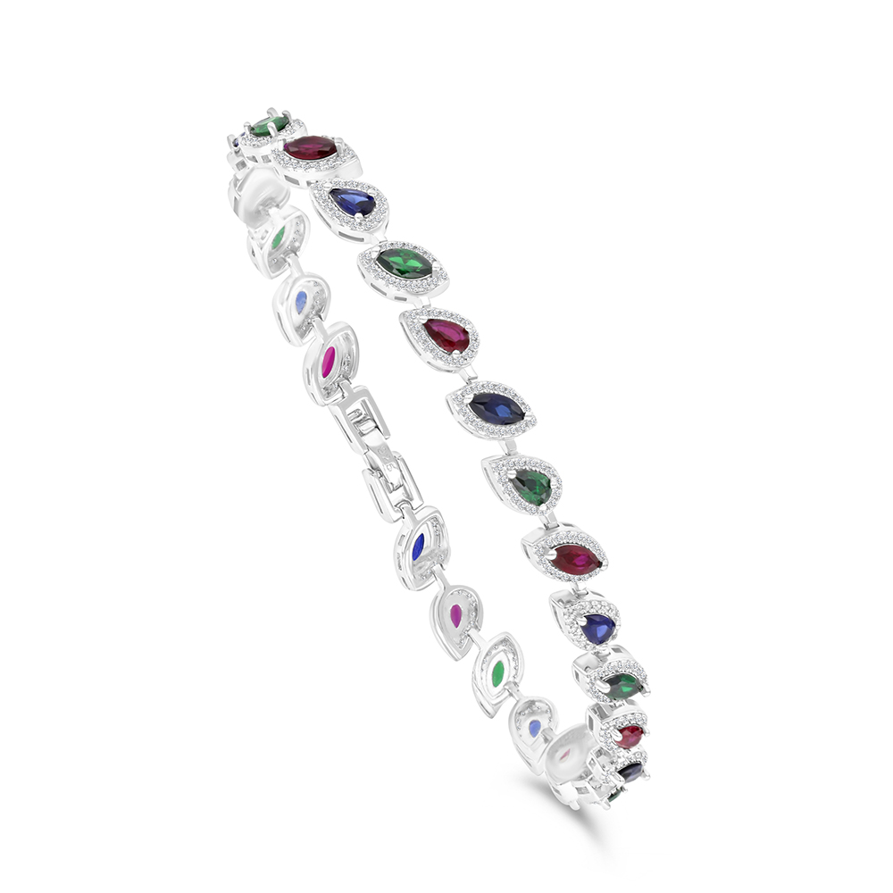 Sterling Silver 925 Bracelet Rhodium Plated Embedded With Sapphire Corundum , Ruby Corundum , Emerald Zircon And White CZ