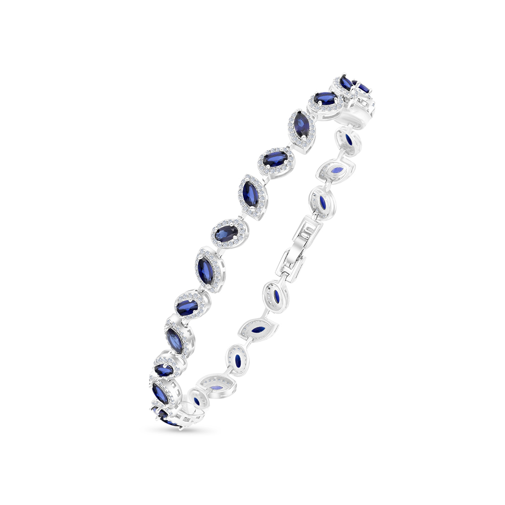 Sterling Silver 925 Bracelet Rhodium Plated Embedded With Sapphire Corundum And White CZ