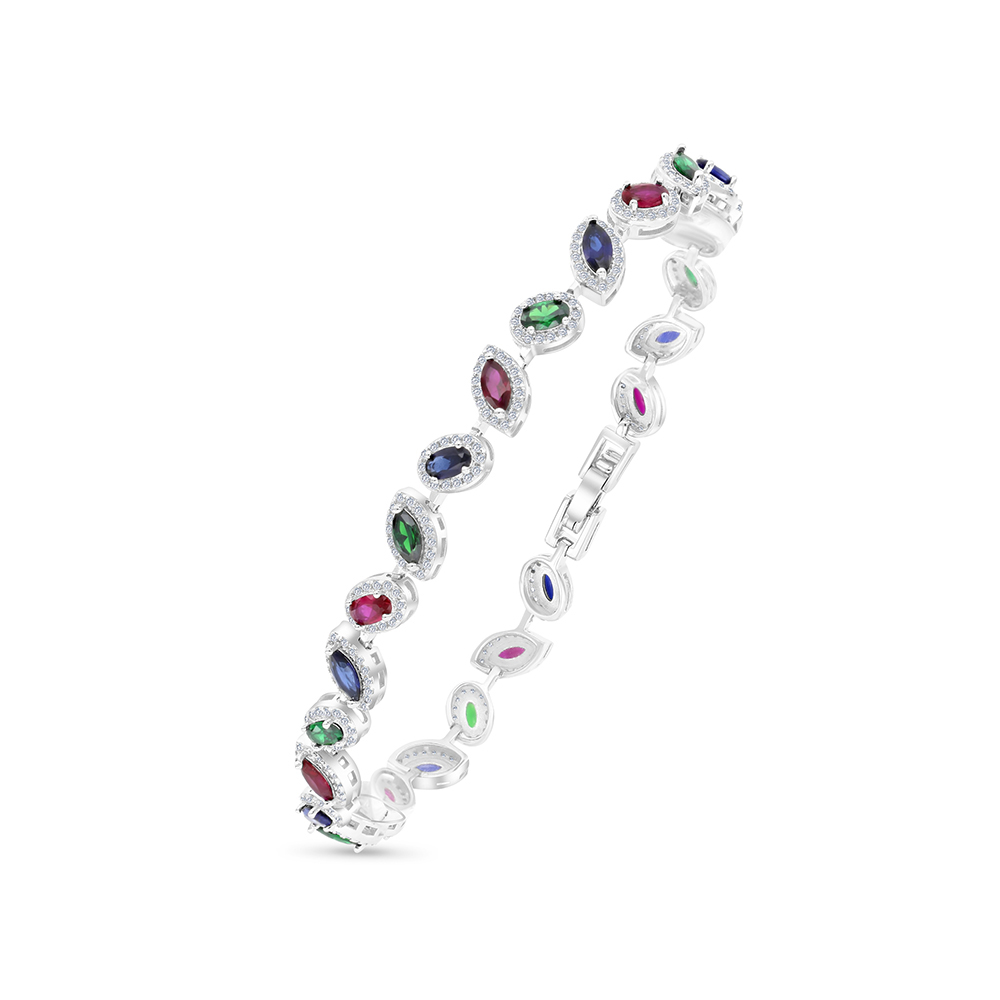 Sterling Silver 925 Bracelet Rhodium Plated Embedded With Sapphire Corundum , Ruby Corundum , Emerald Zircon And White CZ