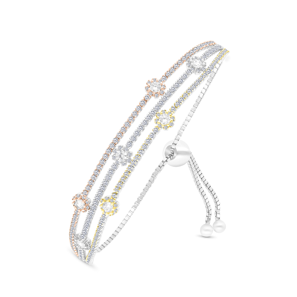 Sterling Silver 925 Bracelet Rhodium And Gold And Rose Gold Plated Embedded With White CZ