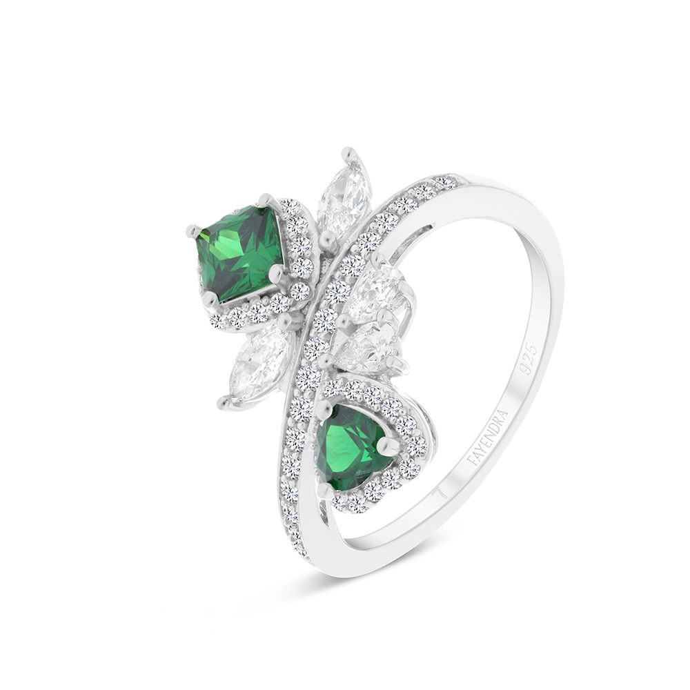 Sterling Silver 925 Ring Rhodium Plated Embedded With Emerald Zircon And White CZ