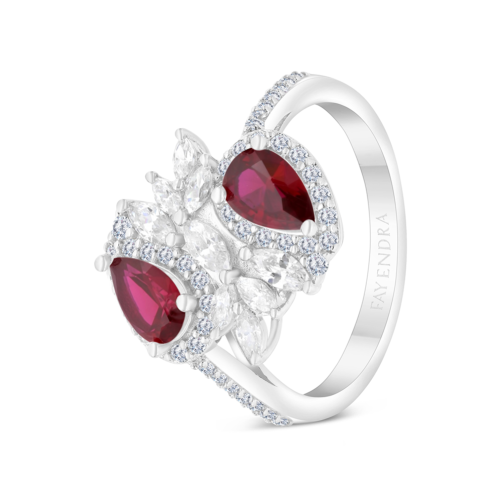 Sterling Silver 925 Ring Rhodium Plated Embedded With Ruby Corundum And White CZ