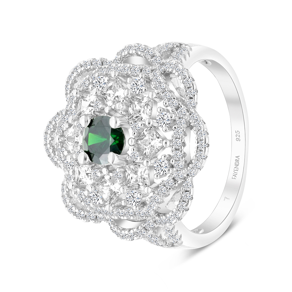 Sterling Silver 925 Ring Rhodium Plated Embedded With Emerald Zircon And White CZ