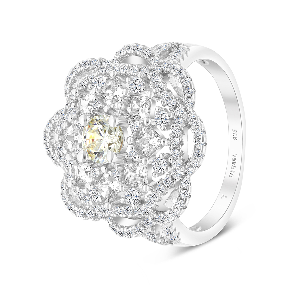 Sterling Silver 925 Ring Rhodium Plated Embedded With Yellow Zircon And White CZ